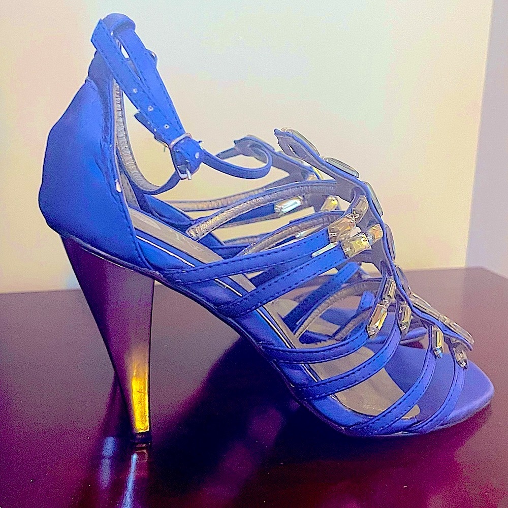 Royal blue jeweled party shoes shiny silver heel-7